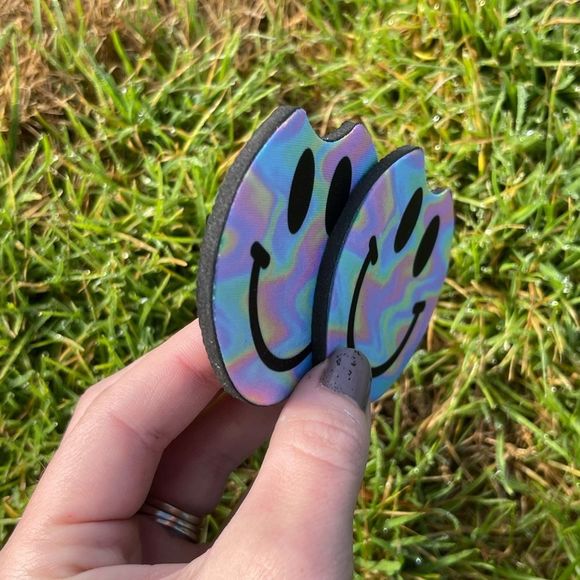 Rainbow Holographic Smiley Face Car Coaster Set | Car Access - Picture 4 of 12